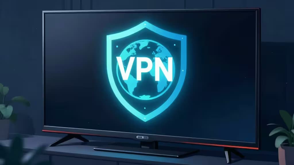 Illustration abstraite d'une clé TV Firestick branchée sur un téléviseur avec un bouclier lumineux et un globe symbolisant la protection VPN et le déblocage géographique.