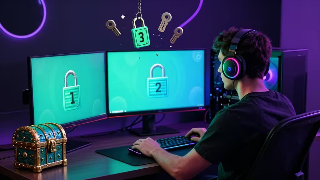 Gamer at dual monitors with padlocks, keys, and treasure chest symbolizing secure password management.