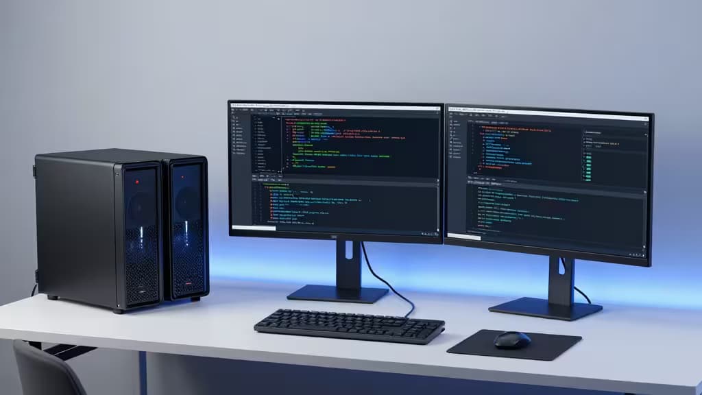 A compact black PC tower sits beside dual monitors displaying code, on a minimalist white desk.