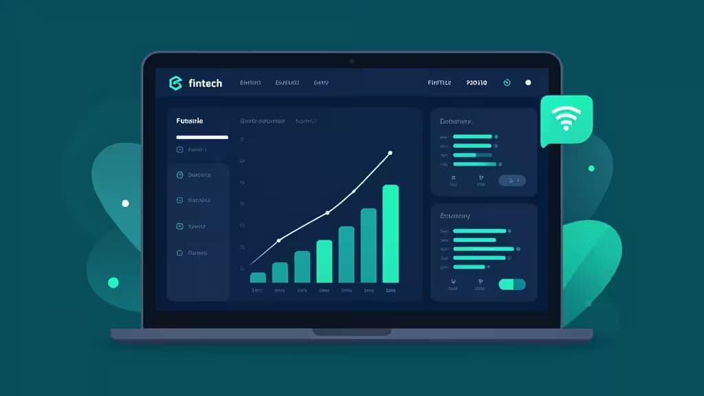 Abstract illustration of a modern fintech business banking dashboard with charts and wire transfer icons in blue and teal tones