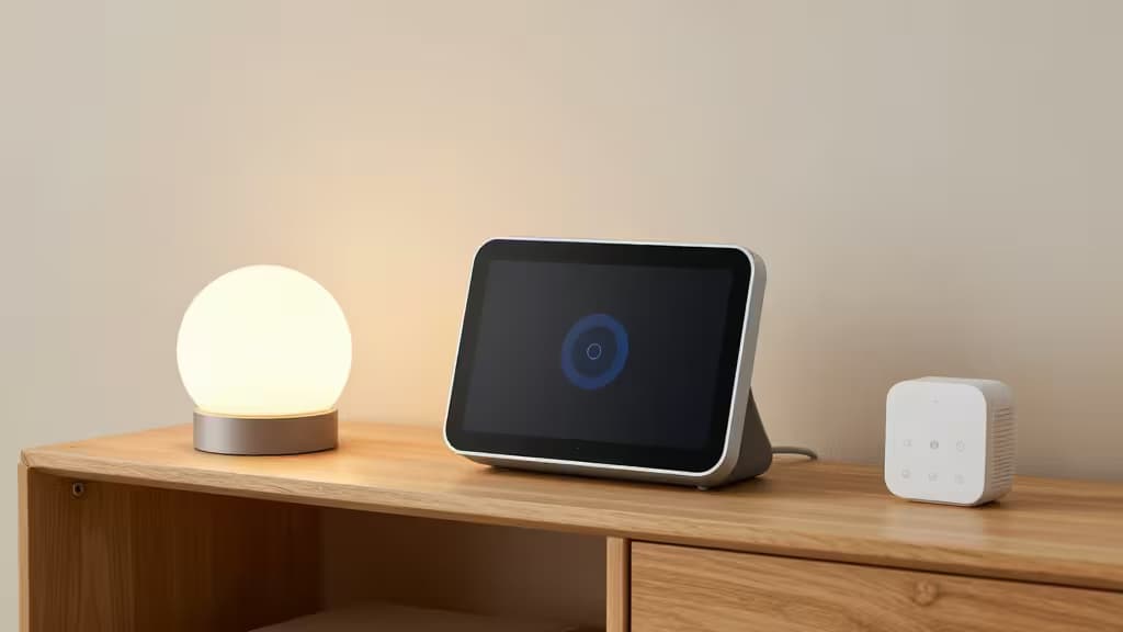 A Google Nest Hub Max, smart lamp, and Thread-enabled device rest on a wooden shelf.