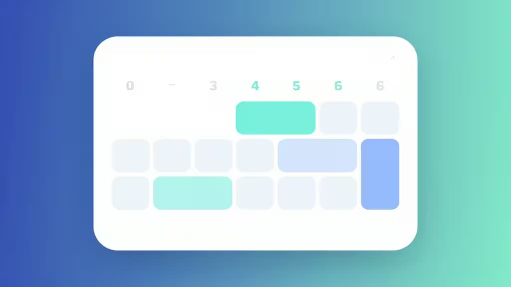 Composizione astratta di un calendario digitale con blocchi temporali colorati che si riorganizzano automaticamente, in tonalità blu e turchese