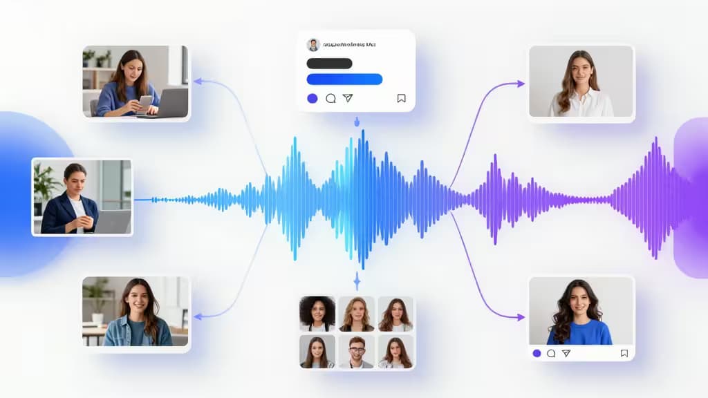 Abstract blue-purple waveform connects diverse user portraits via AI interface nodes.