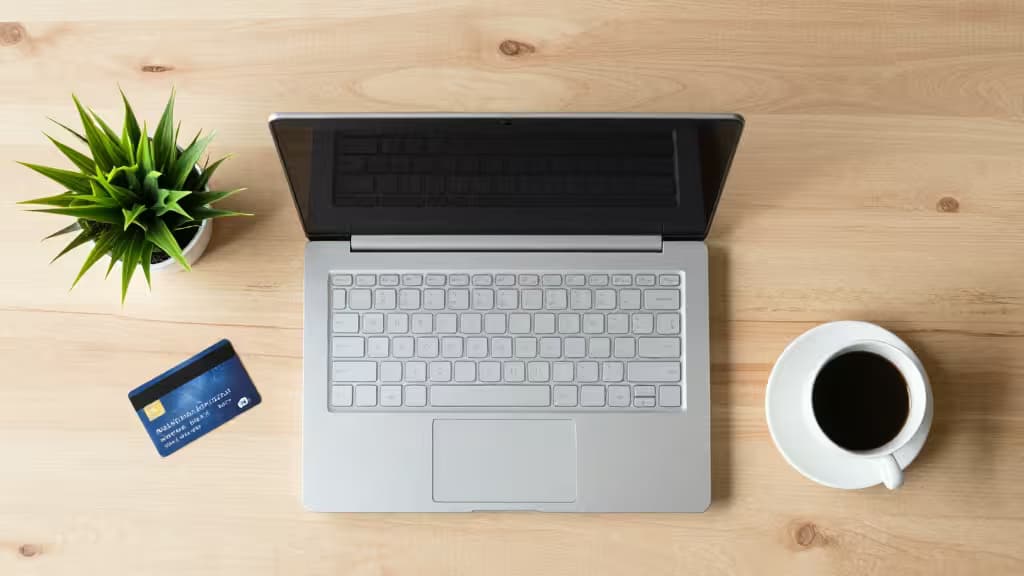 Silver laptop, blue credit card, coffee cup, and green plant on light wood desk.