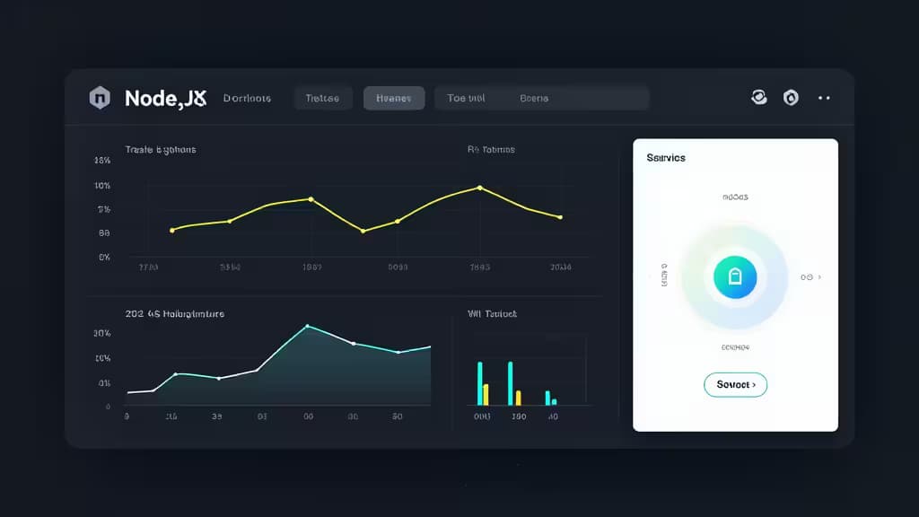 Dark-Theme Node.js-Dashboard mit Echtzeit-Metriken, Traces und Service-Health-Diagrammen.