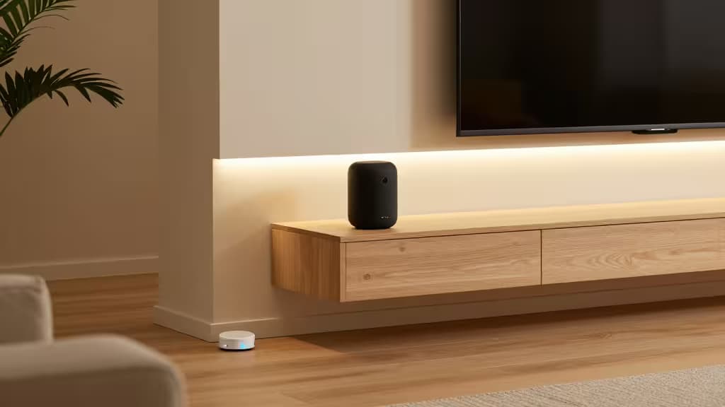 Salon moderne et chaleureux avec un haut-parleur intelligent sur une étagère, une bande LED rétroéclairée derrière la télévision et un détecteur de fuite d'eau posé au sol près d'une plante.