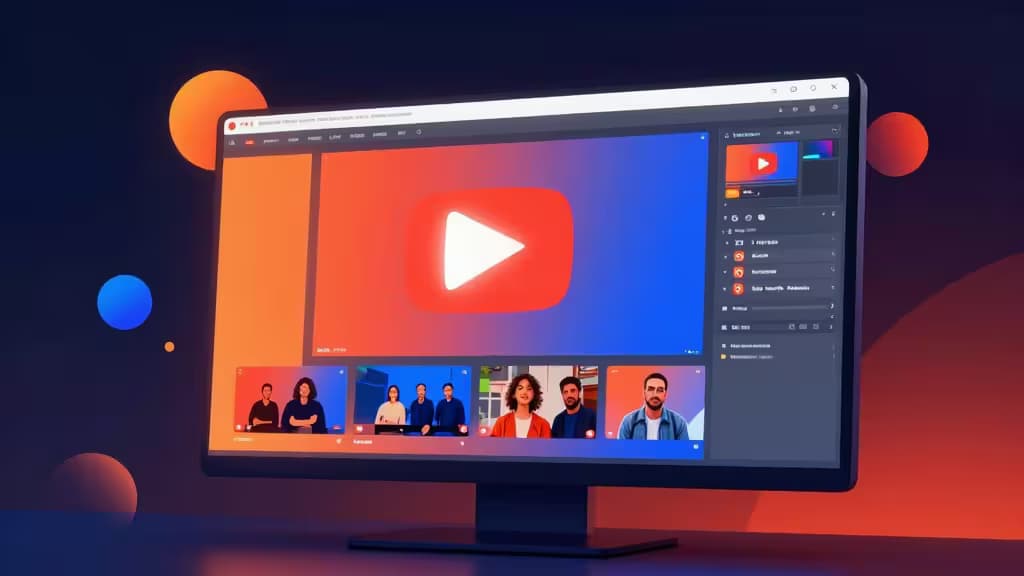 Ein eleganter Monitor zeigt lebendige YouTube-Thumbnails und KI-Bearbeitungswerkzeuge vor einem farbverlaufenden Hintergrund.