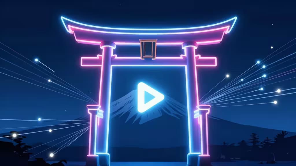 Neon torii gate frames glowing play button over Mount Fuji, symbolizing secure access to Japanese streaming platforms.