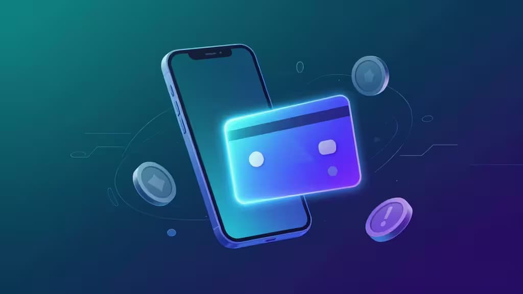 Glowing digital wallet card floats beside a smartphone, surrounded by floating crypto coins on a teal-to-purple gradient background.
