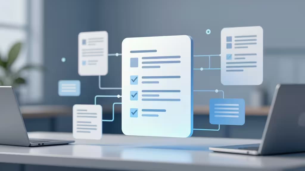 Holographic compliance documents with checkmarks float between laptops on a desk.
