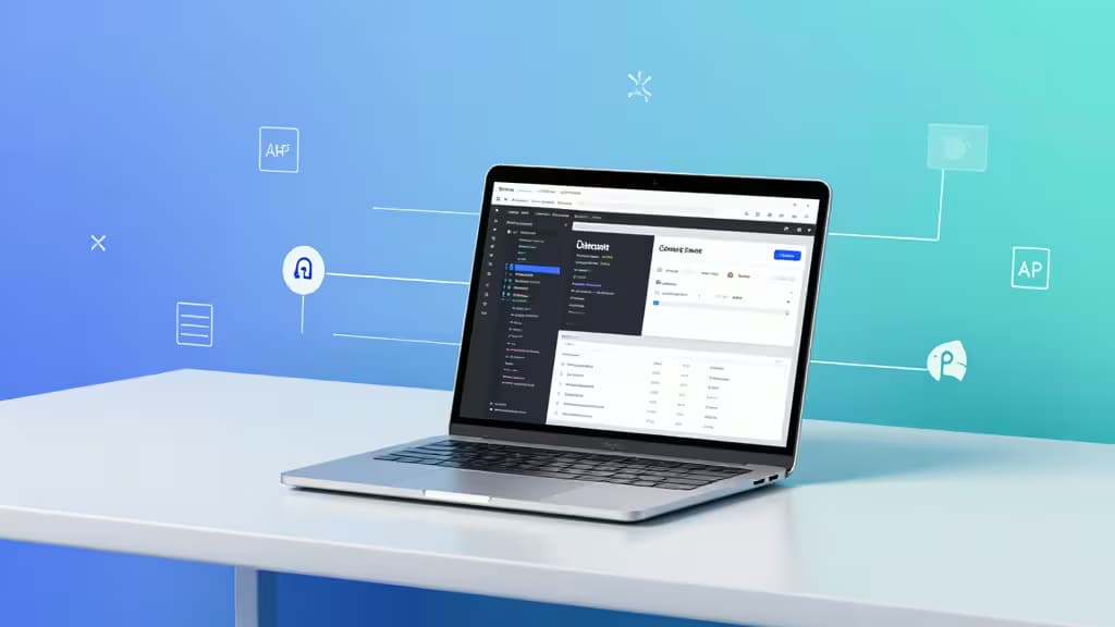 Illustrazione astratta di una postazione di sviluppo con editor di codice e dashboard di gestione contenuti, connessioni API e flusso di dati in stile editoriale tech.