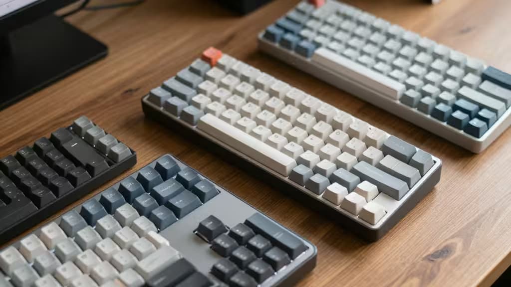 Quatre claviers mécaniques compacts avec des touches variées reposent sur un bureau en bois, illustrant des designs ergonomiques pour petites mains.