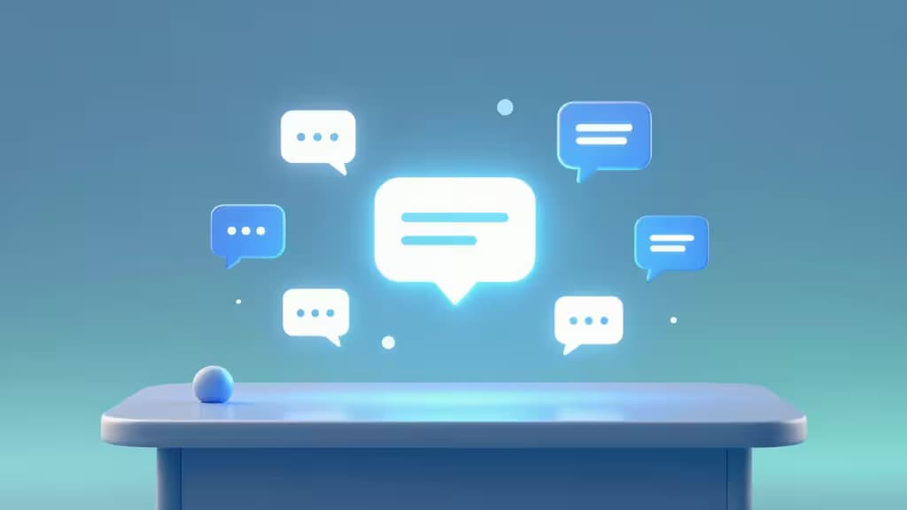 Abstrakte 3D-Illustration eines KI-Chatbot-Konzepts mit leuchtenden Sprechblasen über einem minimalistischen Schreibtisch in Blau-Türkis-Tönen