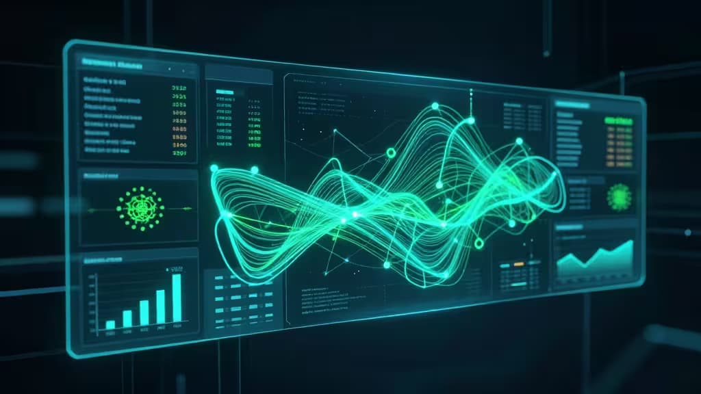 A futuristic holographic dashboard displays real-time Kubernetes metrics with glowing green data streams and charts.
