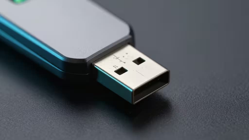 Clé de sécurité FIDO2 USB-C avec NFC posée sur une surface sombre, éclairage bleu et vert minimaliste