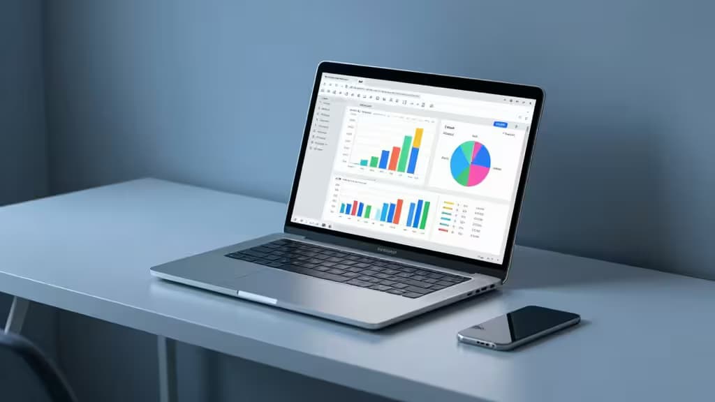 Laptop plateada muestra gráficos financieros coloridos sobre un escritorio minimalista junto a un smartphone.