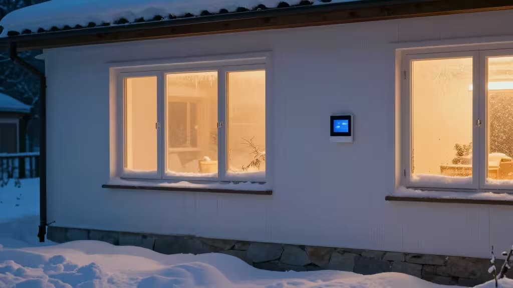 A snow-covered cabin at dusk with warm light glowing through frosted windows, illustrating smart home heating in cold climates.
