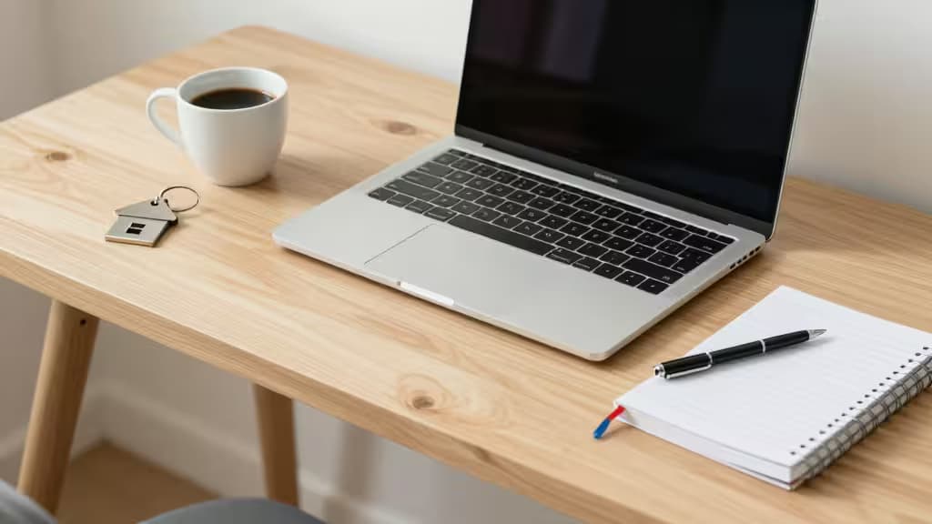 Un escritorio de madera clara con un portátil plateado, una taza blanca de café, un llavero con forma de casa y un libro de contabilidad en espiral con bolígrafo.