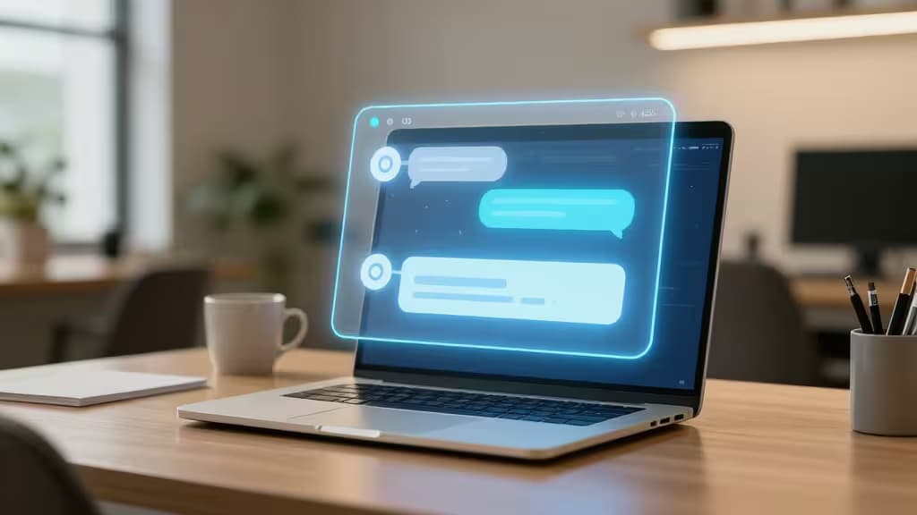 A laptop on a wooden desk displays a glowing holographic chatbot interface with message bubbles.