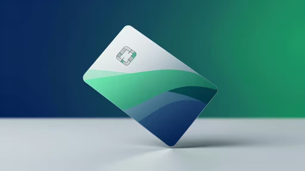 A sleek, translucent corporate card with green and blue gradients floats against a gradient background, symbolizing modern fintech innovation.