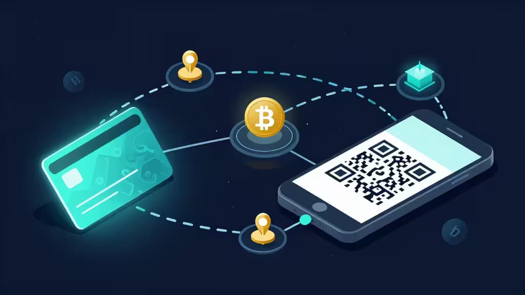 Abstrakte Darstellung einer Krypto-Wallet-Infrastruktur mit Hardware-Wallet-Karte, Smartphone und leuchtenden Blockchain-Netzwerkverbindungen in Dunkelblau mit Cyan- und Goldakzenten