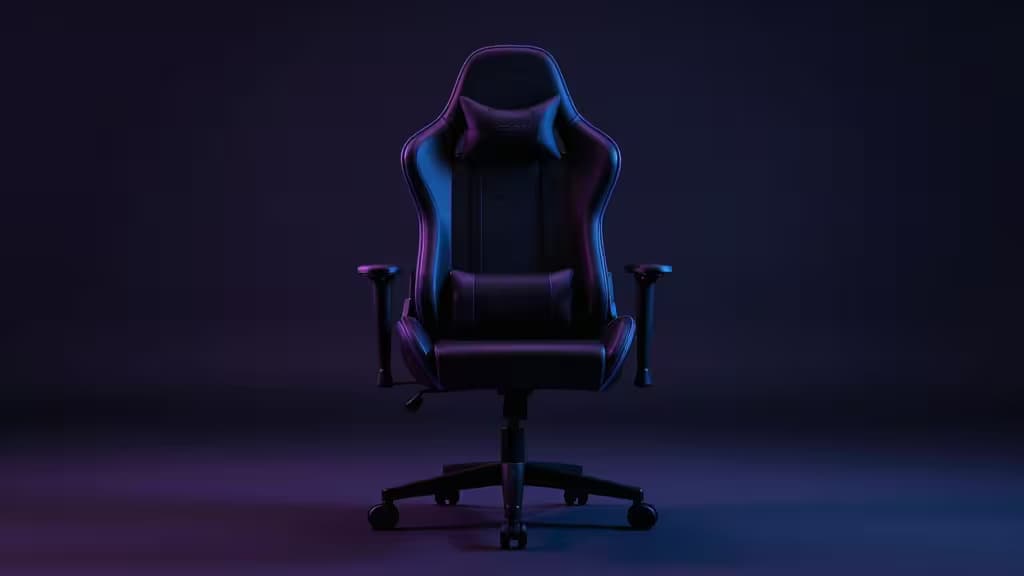 A racing-style gaming chair illuminated by ambient purple and blue lighting in a dark studio setting.