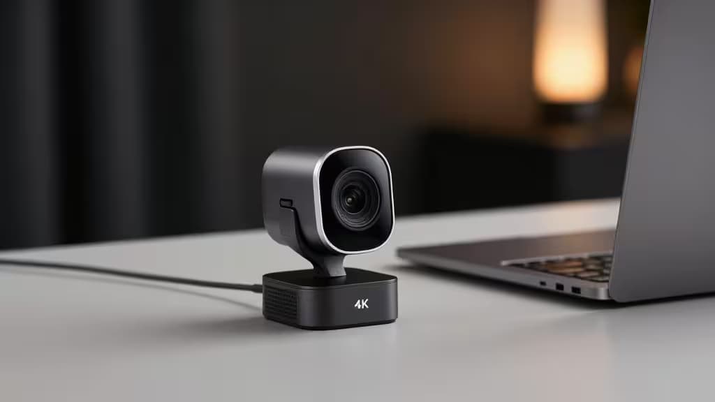 Une webcam 4K noire avec un anneau d'objectif argenté posée sur un bureau blanc à côté d'un ordinateur portable, prête pour des appels vidéo.