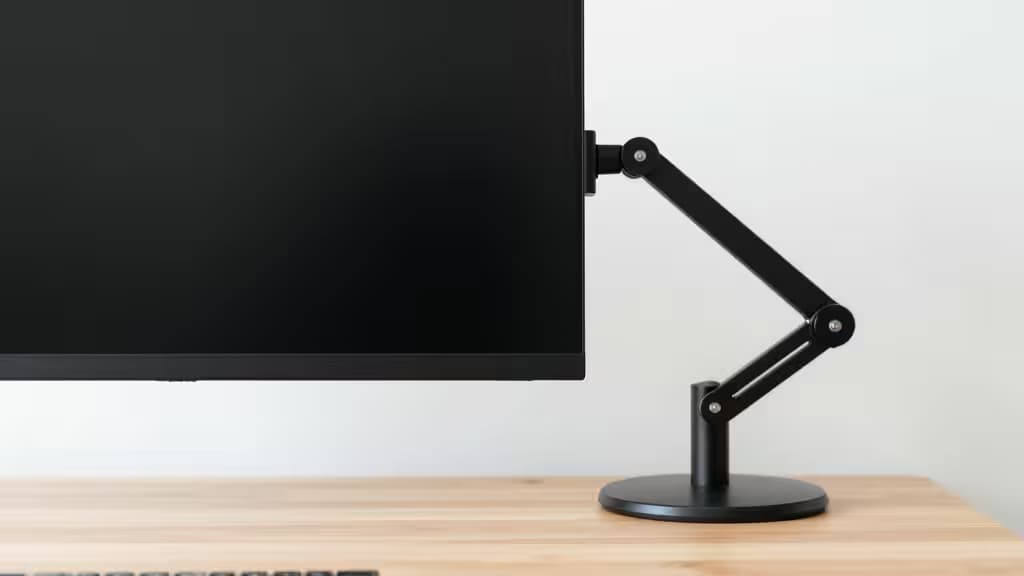 Black monitor mounted on a gas-spring arm on a wooden desk with a minimalist background.