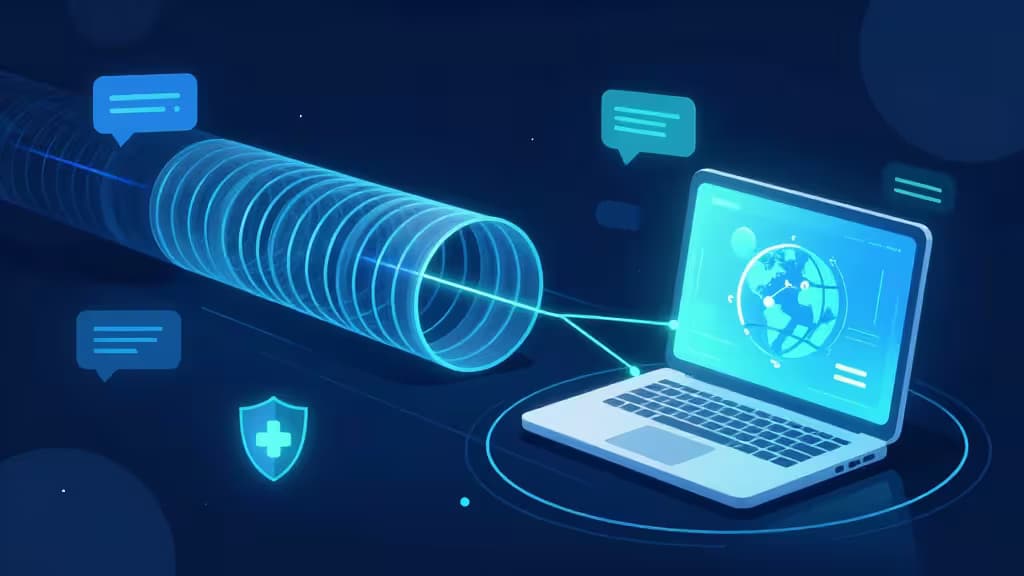 Abstract illustration of a secure encrypted VPN tunnel connecting to a glowing AI chatbot interface with a shield and globe motif