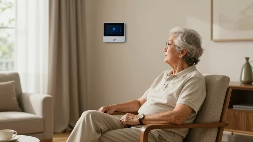 Elderly woman sits calmly in armchair, facing wall-mounted smart sensor in sunlit living room.