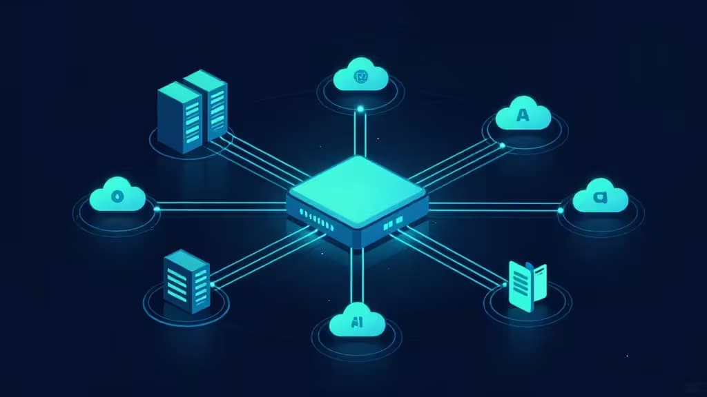 Abstract illustration of a digital network gateway routing glowing data streams between cloud servers and AI model nodes in dark blue and teal tones