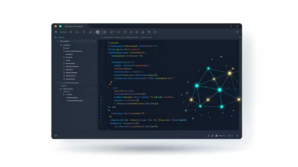 Dark IDE window displays colorful code alongside glowing cyan neural network nodes on a black background.