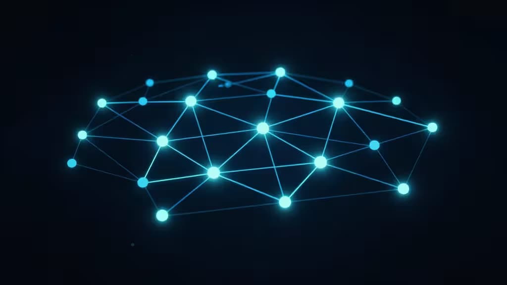 Abstracte visualisatie van een mesh-netwerk met onderling verbonden, gloeiende knooppunten en versleutelde tunnels tussen apparaten in blauwe en turquoise tinten.