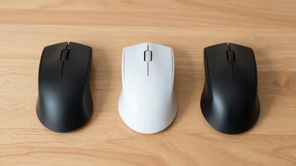 Drie ergonomische muizen — twee zwarte, één witte — liggen op een lichte houtnerf ondergrond.