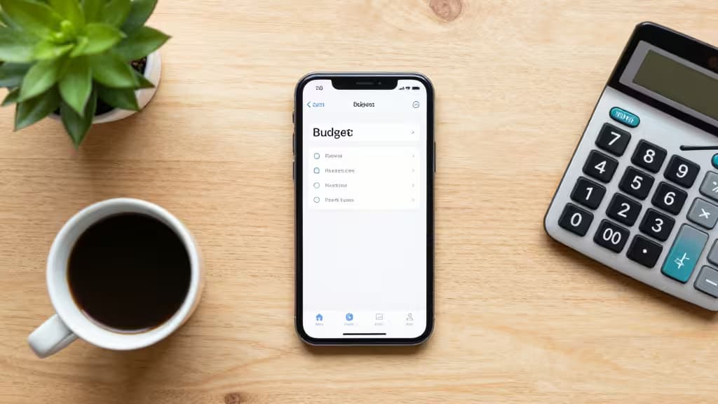 A smartphone displaying a budgeting app sits on a wooden desk beside a coffee cup and calculator.