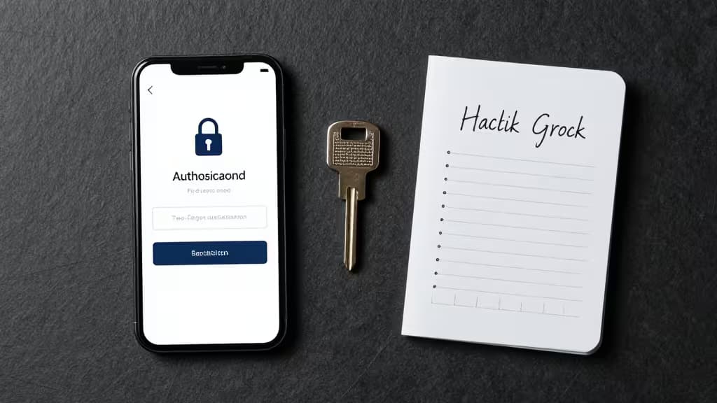 Smartphone, brass key, and notepad on dark slate surface.