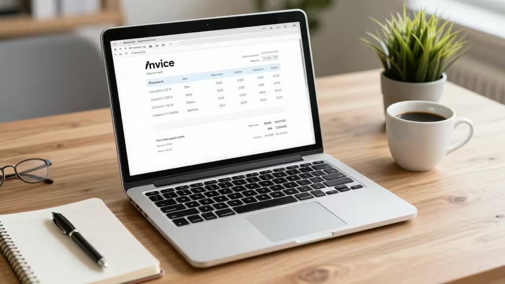 Laptop displays invoice software on wooden desk with coffee, notebook, and plant.
