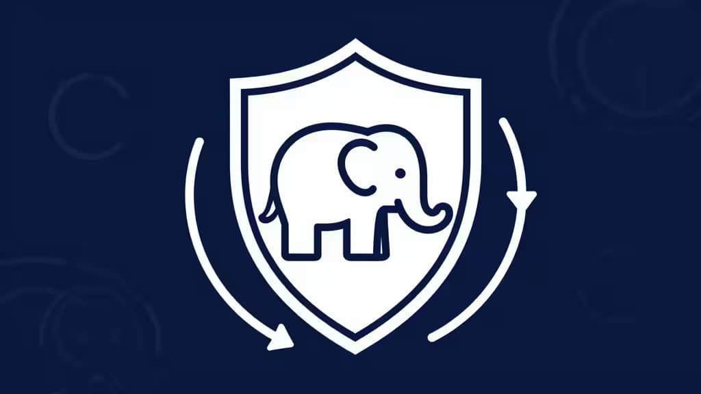 White shield with elephant icon and circular arrows on dark blue background.