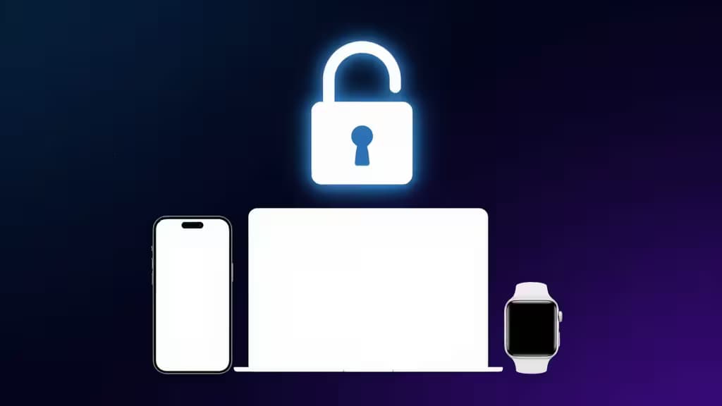 Lucchetto luminoso sospeso sopra iPhone, MacBook e Apple Watch su sfondo a gradiente scuro.