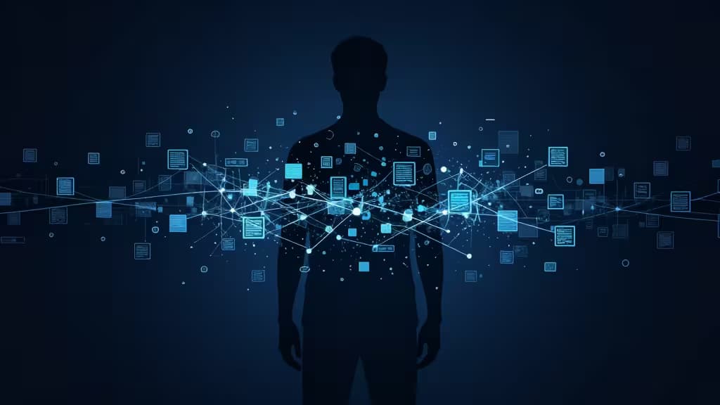 Eine dunkle Silhouette steht umhüllt von leuchtend blauen digitalen Dokumenten und Netzwerklinien, die die Preisgabe persönlicher Daten symbolisieren.