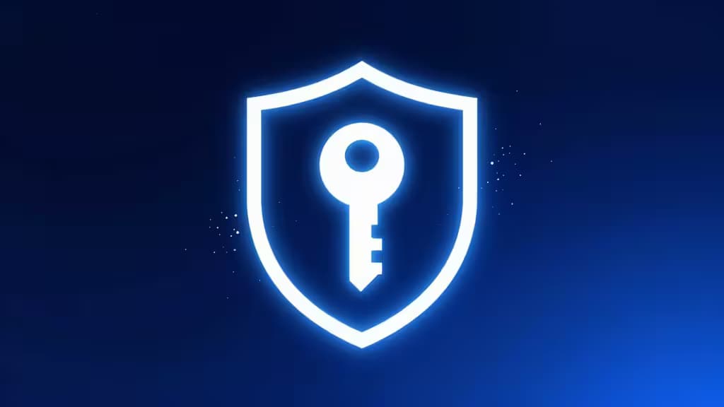 Glowing white key inside shield aura floats on navy-blue gradient, symbolizing secure passkey technology.