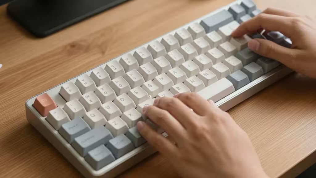 Compact mechanisch toetsenbord met pastelkleurige keycaps, ergonomisch ontwerp, handen typend op houten bureau.