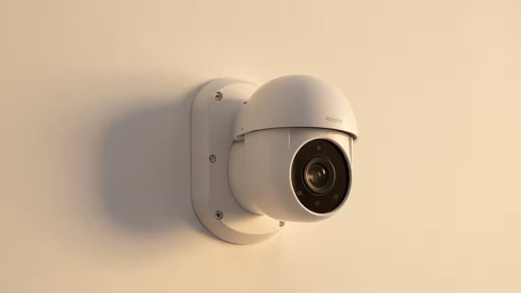 Cámara de seguridad exterior blanca con almacenamiento local y diseño discreto para privacidad.