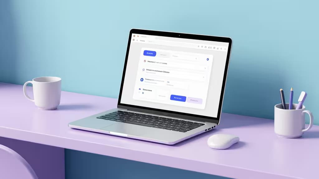 Nowoczesne biuro małej firmy z laptopem wyświetlającym interfejs no-code AI agent buildera z przeciąganymi blokami funkcyjnymi, niebieskie i fioletowe światła, styl magazynowy