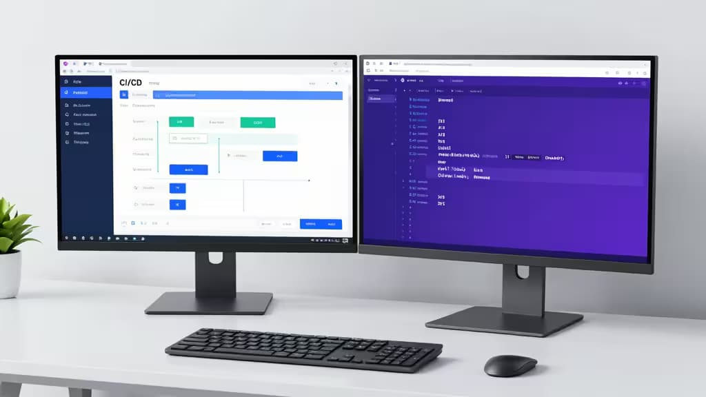 Dual-Monitor-Setup zeigt CI/CD-Pipeline und Code-Editor auf weißem Schreibtisch mit Tastatur, Maus und Pflanze.