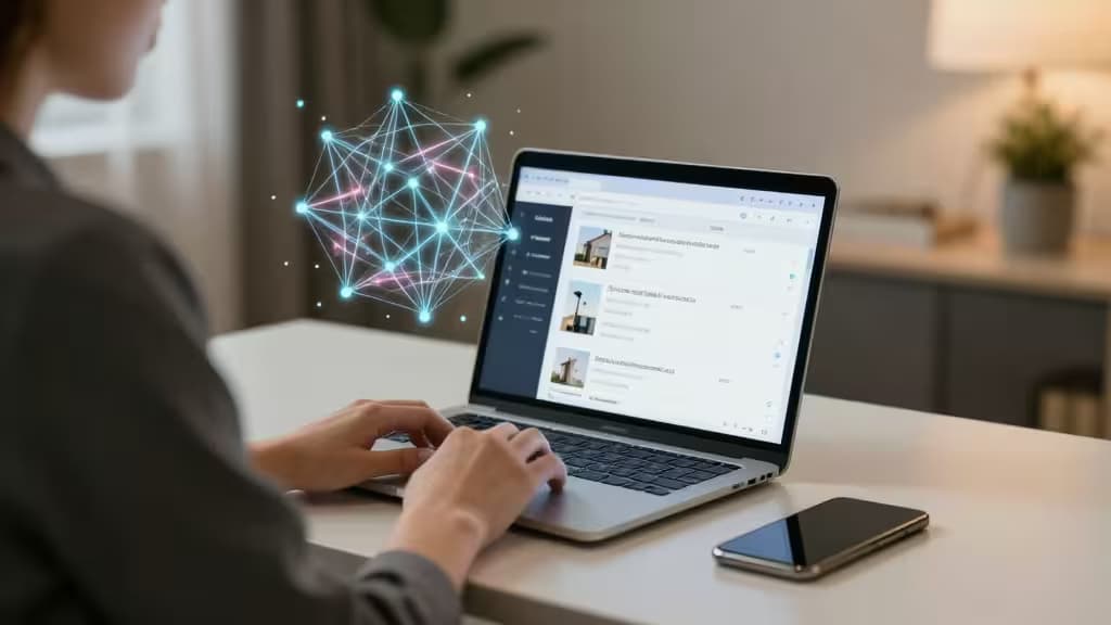 Um corretor imobiliário digita num portátil que exibe listings de propriedades, com um holograma de rede neural de IA a brilhar acima do ecrã.