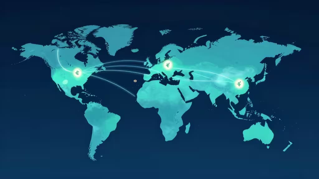 Glowing currency icons connect continents via luminous lines across a teal world map.