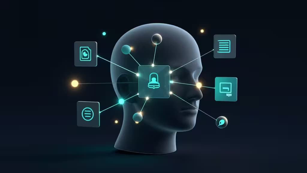 Abstrakcyjna wizualizacja koncepcji headless CMS: unoszące się geometryczne bloki treści i węzły API połączone świecącymi strumieniami danych na ciemnoniebieskim tle