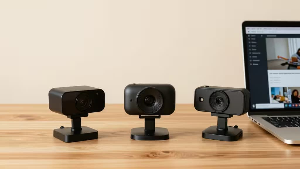 Trois webcams posées sur un bureau en bois à côté d'un ordinateur portable affichant une interface de streaming, éclairage studio chaleureux