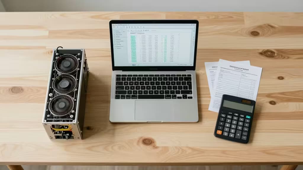 Mining rig, laptop, calculator, and tax forms on wooden desk.